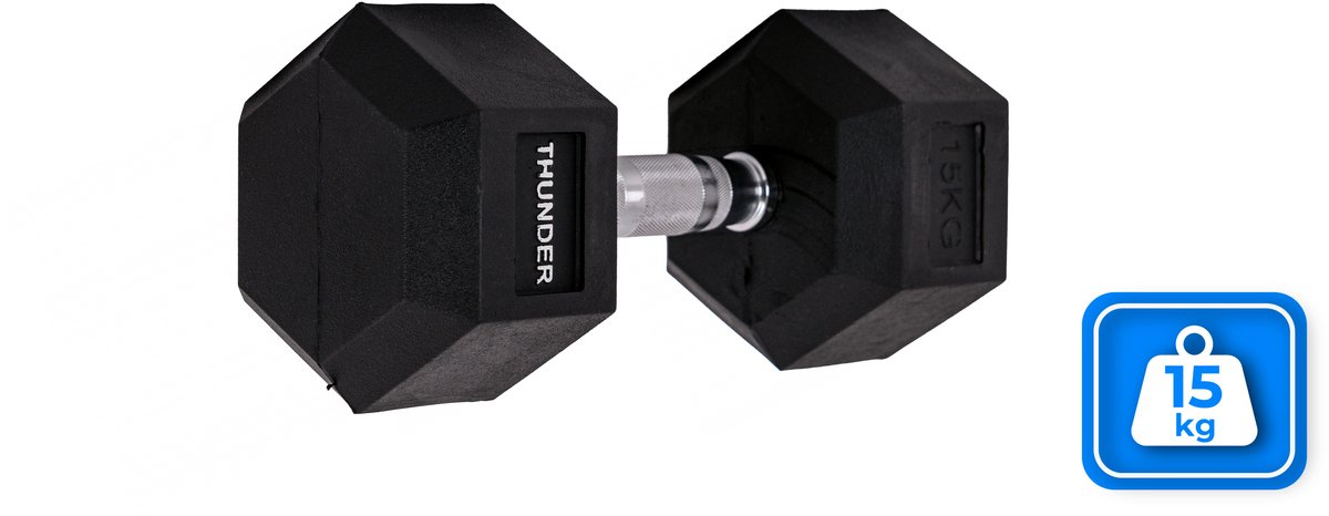 THUNDER® HEXAGONAL-DUMBBELLS-15KG Zwarte Rubberen Halter Stalen Kern Voor Krachttraining & Fitness Antislip Duurzaam & Professioneel Per Stuk - Stevige Grip – foto 8