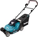 Turquoise en zwarte Makita grasmaaier met 36V batterij indicator, 380mm snijbreedte.