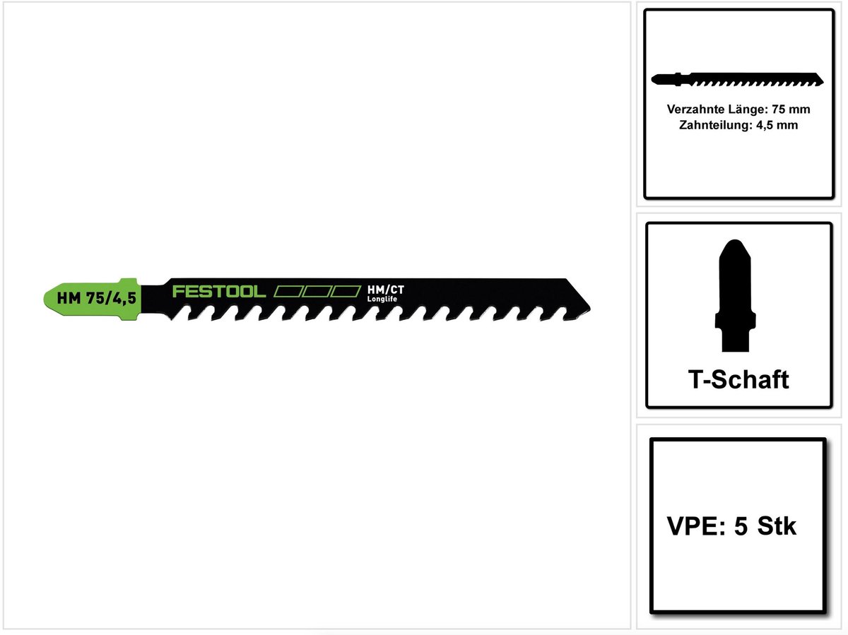 Festool HM 75/4,5/5 Bouwmaterialen Decoupeerzaagblad 75 mm 5 st. ( 5x 204343 ) gips- en cementgebonden spaan- en vezelplaten