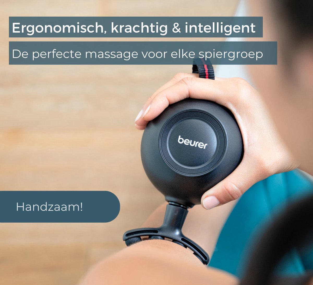 Afbeelding 2 van Beurer MG 101 SensorBoost Massage Gun – REVOLUTIONAIR ONTWERP – Ergonomisch rond - Druksensor - Stil en Compact – 5 Intensiteiten – 5 Opzetstukken – 3 Jaar Garantie