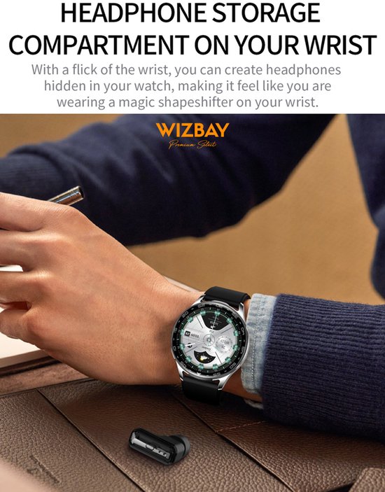 Man met smartwatch om de pols, de headset is zichtbaar in het horloge.