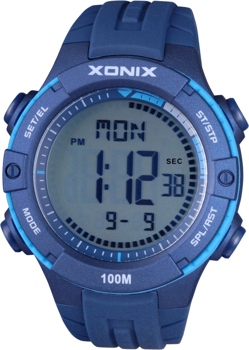 Xonix DAX-B05 - Horloge - Polshorloge - Digitaal - Heren - Mannen - Rond - Siliconen band - LCD - ABS - Cijfers - Achtergrondverlichting - Datumaanduiding - Alarm - Start-Stop - 12-24u - Tweede tijdzone - Waterdicht - DonkerBlauw