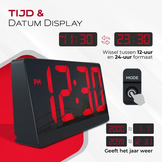 Digitale wekker met rood display, 12-uurs en 24-uurs formaat en jaarweergave.