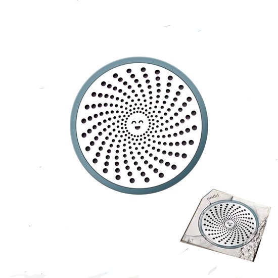 Zilverkleurig doucheputdeksel met spiraalvormig gatenpatroon en smiley, naast een klein verpakking. Afmetingen 11cm diameter.