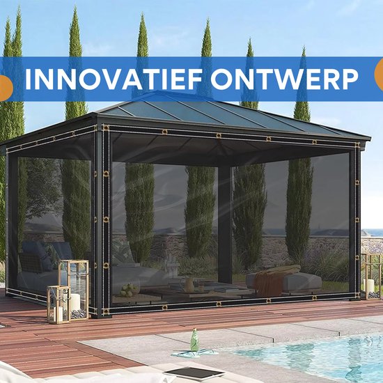 Innovatief ontwerp: een zwembad en terras met een tuinhuisje, omgeven door transparante zeilen.
