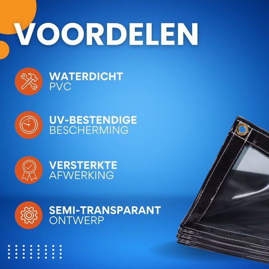 Voordelen van het zeil: waterdicht PVC, UV-bestendig, versterkte afwerking, semi-transparant.