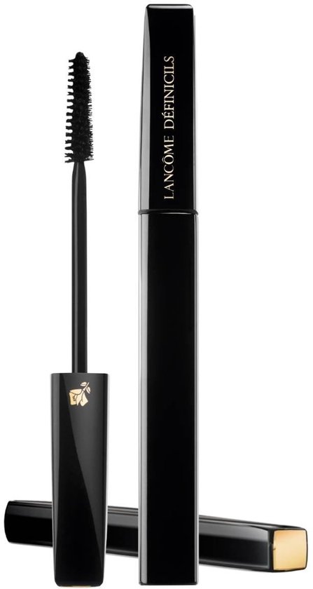Zwarte Lancôme Définicils mascara met een gouden roos logo op de houder. Langwerpig, glanzend zwart met 'LANCOME DÉFINICILS' in goud.