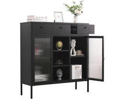 Coemo Ladekast Mein-Regal hoge kast Paris ladenkastje met 3 laden zijkast woonkamer metalen kastplank 2 glazen deuren, vitrinekast voor boeken en decoratie LxBxH ca. 105x35x110 cm