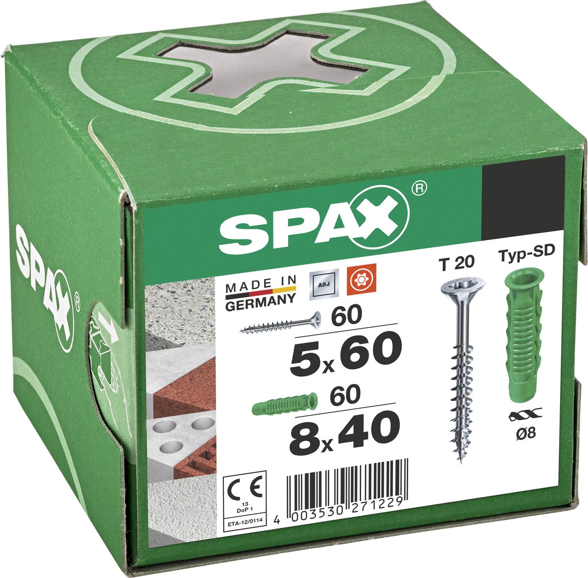 SPAX pluggen type SD 8 x 40 mm + SPAX universele schroef, 5 x 60 mm, verzonken kop, deeldraad, T-STAR plus T20, WIROX, 60 + 60 stuks - 5000001200025