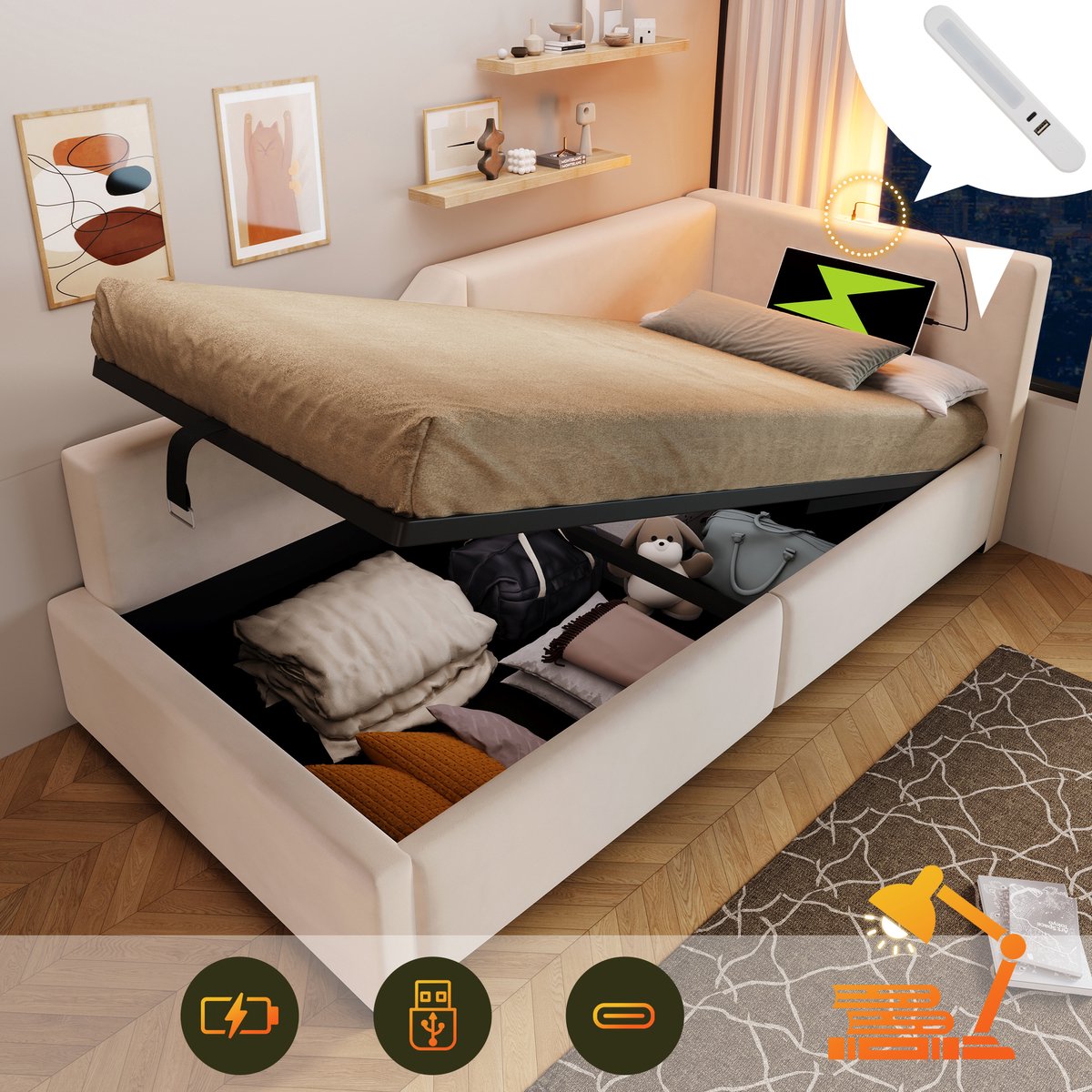 Dagbed - 140 x 200 cm - Slaapbank - 2 lades en stopcontact - grenenhout multiplex MDF - Wit