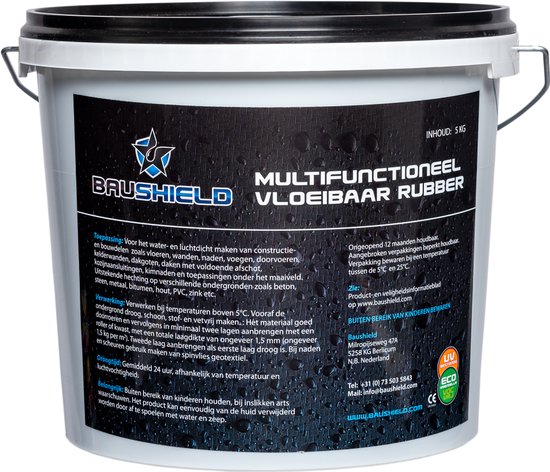 Baushield Multifunctioneel Vloeibaar Rubber, 5kg, vloeibaar bitumen,zwart,makkelijk verwerkbaar, hoge hechting, VOC-vrij,op waterbasis,UV-bestendig,scheuroverbruggend en blijvend flexibel,naadloze doorharding,dakreparatie,gootreparatie, waterdichting