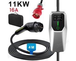 JUNSUN Draagbare 11kW 16A 3-Fase EV Laadkabel - Type 2 Laadpaal , 4M Kabel + LCD Scherm & Opbergtas - 6A/8A/10A/13A/16A Schakelbaar - IEC62196-2 & IP67