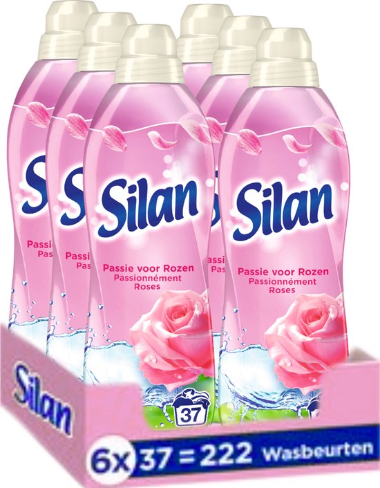 Six bouteilles d'adoucissant Silan Passion Rose dans un emballage rose. Chaque bouteille montre une rose rose et indique 37 lavages.
