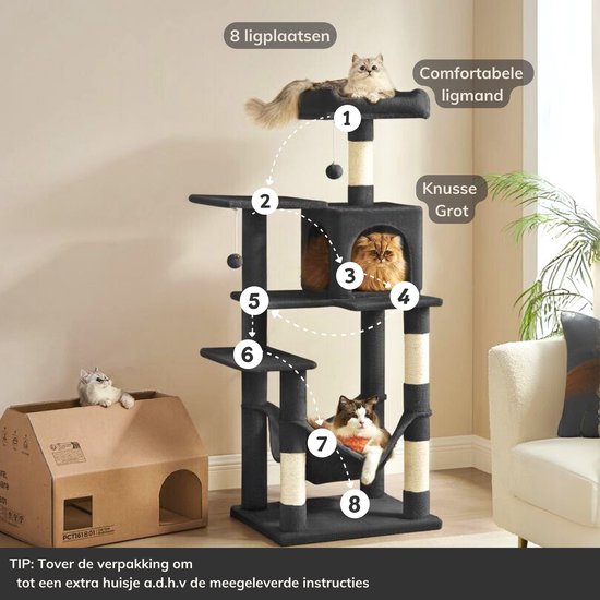 Griffoir noir de 143cm avec des aires de repos numérotées et trois chats.