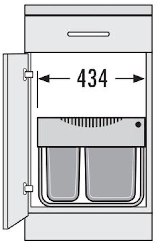 Schematische tekening van een kast met twee grijze afvalemmers, breedte 434.