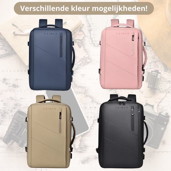 Vier Caimco rugzakken in het blauw, roze, beige en zwart naast elkaar.