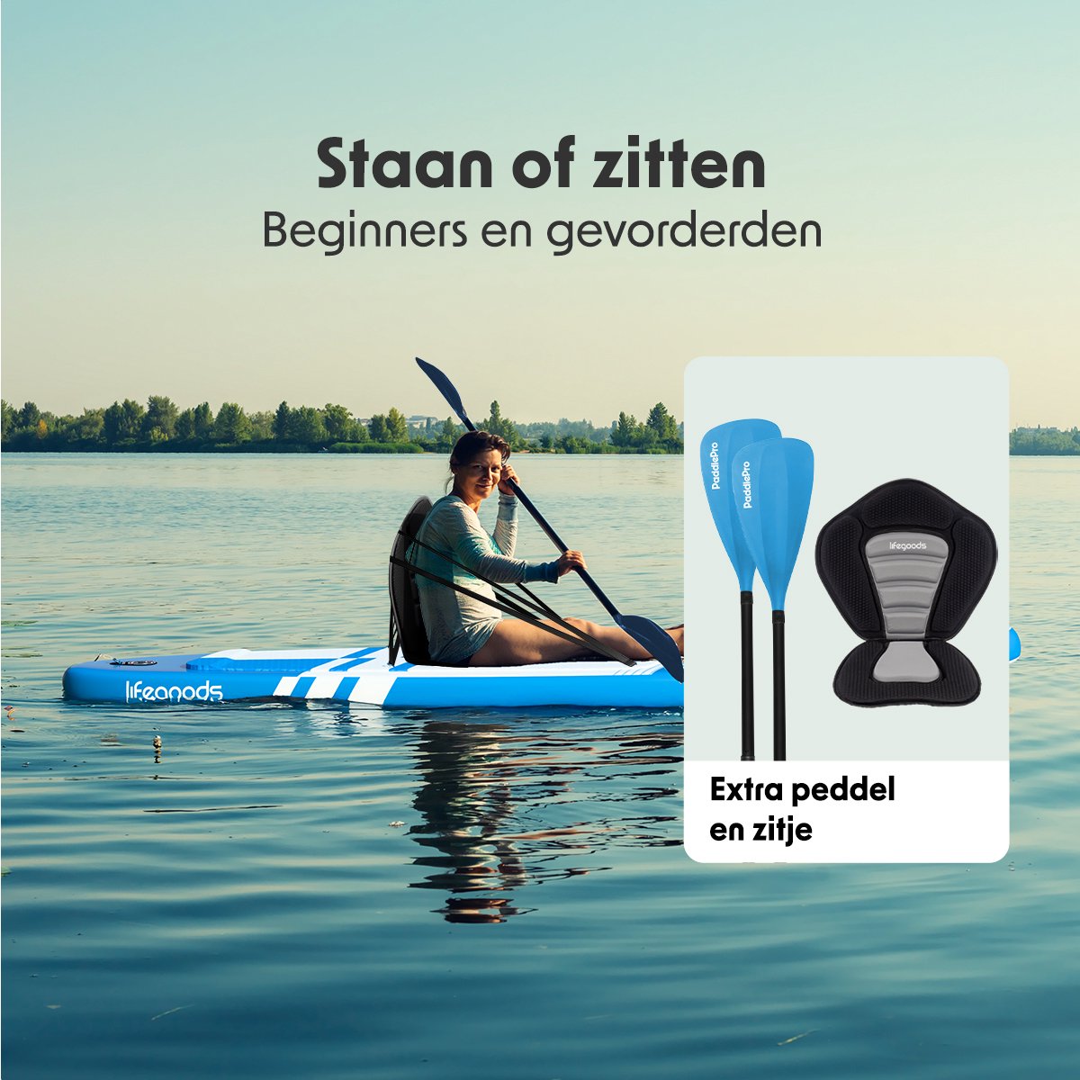 LifeGoods PaddlePro SUP Board Pro - Pro Set - Met Zitje - Opblaasbaar Paddle Board - Max. 150KG - 320x81cm - Sky Blue – foto 4