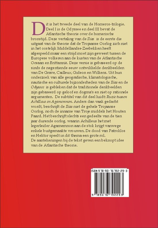 Achterkant van een boek met tekst over de Ilias en de Atlantische theorie, inclusief ISBN.