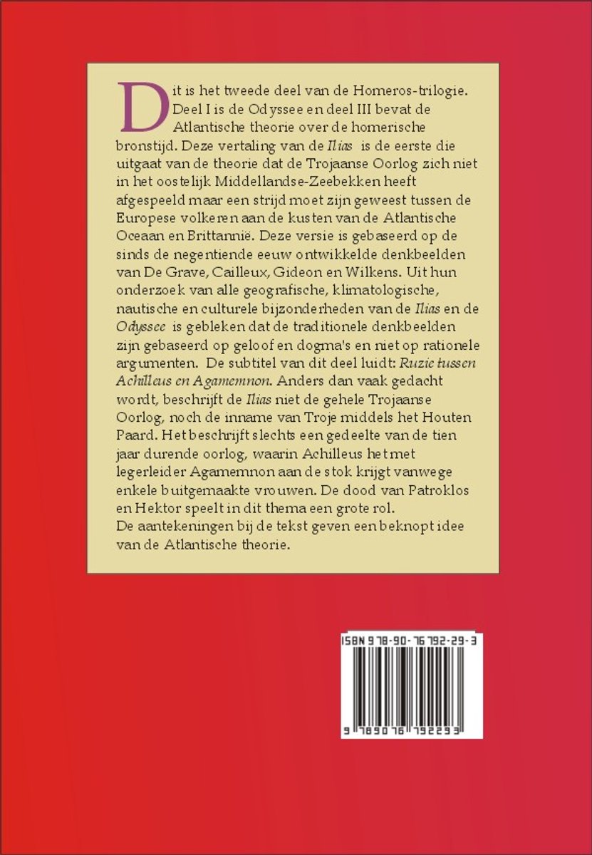 Achterkant van een boek met tekst over de Ilias en de Atlantische theorie, inclusief ISBN.