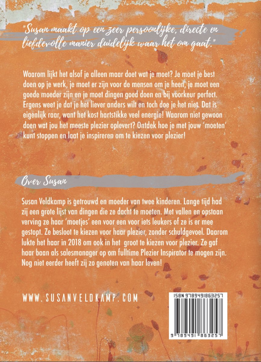 Achterkant van het boek 'Minder moeten, meer plezier'. Tekst over Susan Veldkamp en haar website.