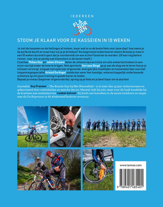 Groep wielrenners in sportkleding rijdt op een landweg. Close-up van een fietsketting en derailleur. Groep wielrenners op een modderige weg, twee rijden vooraan. Twee wielrenners lachen in de camera. Een wielrenner op een racefiets, met de focus op het achterwiel en cassette.