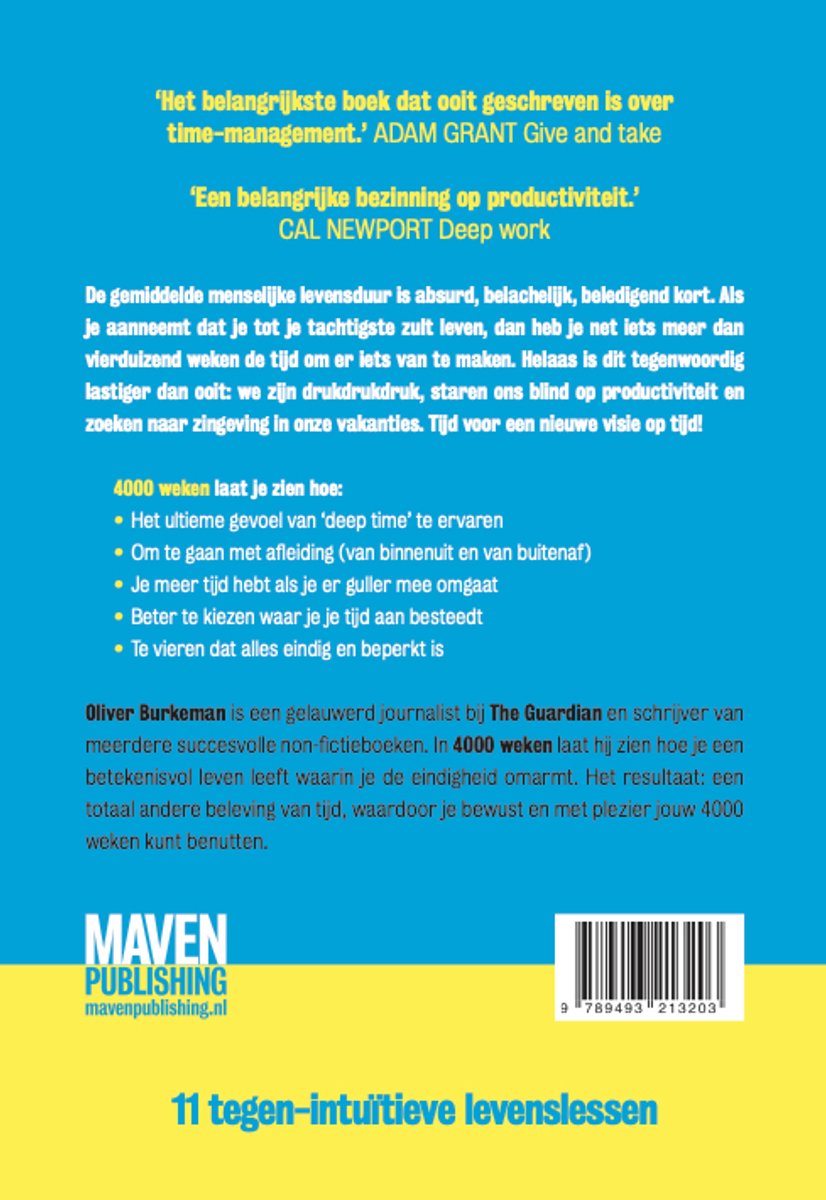 Achterkant van het boek '4000 weken'. Blauwe achtergrond met citaten, uitleg over het boek en uitgeverij Maven Publishing.