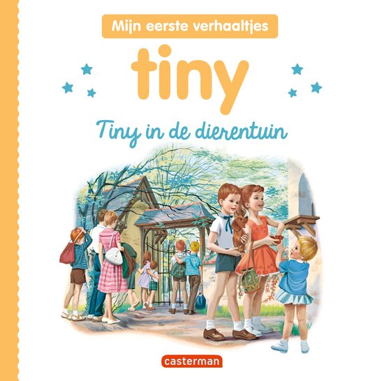 Livre 'Tiny au zoo'. Couvertures avant et arrière avec des illustrations d'enfants dans un zoo. Étoiles joyeuses et le texte 'Mes premières histoires tiny'.