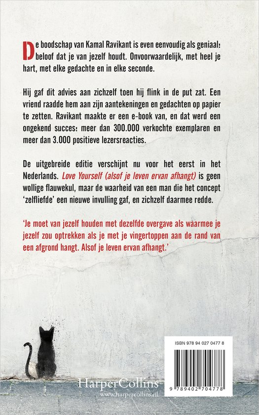 Boekcover met de titel "Love Yourself (alsof je leven ervan afhangt)" en een zwarte kat op een muur.