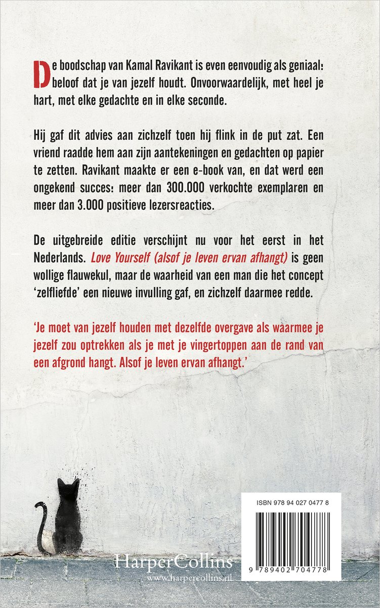 Boekcover met de titel "Love Yourself (alsof je leven ervan afhangt)" en een zwarte kat op een muur.