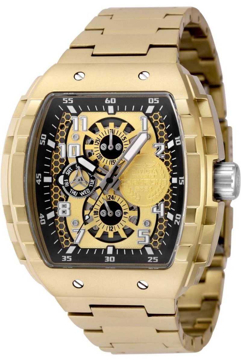 Invicta Racing 49066 Heren Horloge - Waterdicht - Analoog - Quartz Uurwerk - Roestvrij Staal met gouden Wijzerplaat - 47mm