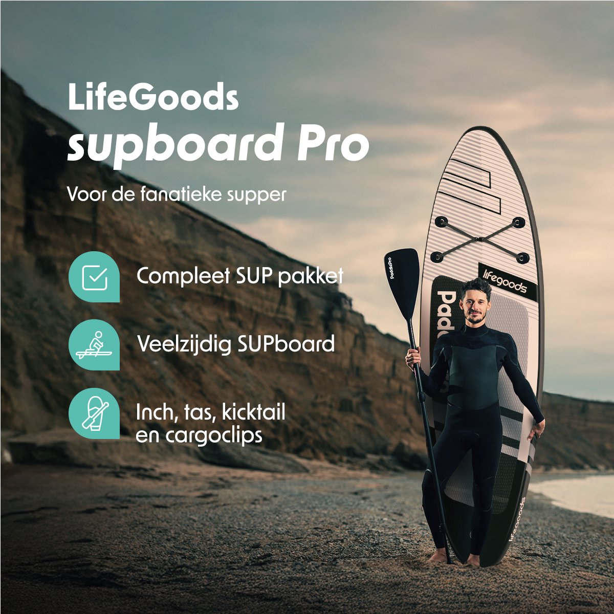 LifeGoods PaddlePro SUP Board Pro - Pro Set - Opblaasbaar Paddle Board - Max. 150KG - 320x81cm - Zwart/Wit – foto 2