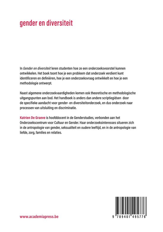 Couverture de livre : "Genre et diversité". Texte : "genre et diversité" en violet, "Katrien De Graeve" en rose, logo "ACADEMIA PRESS". Code-barres.