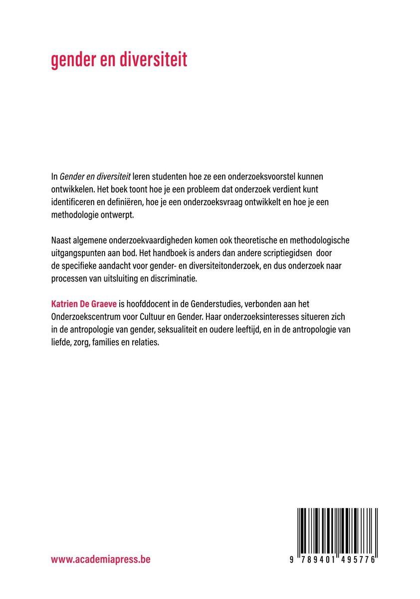 Couverture de livre : "Genre et diversité". Texte : "genre et diversité" en violet, "Katrien De Graeve" en rose, logo "ACADEMIA PRESS". Code-barres.