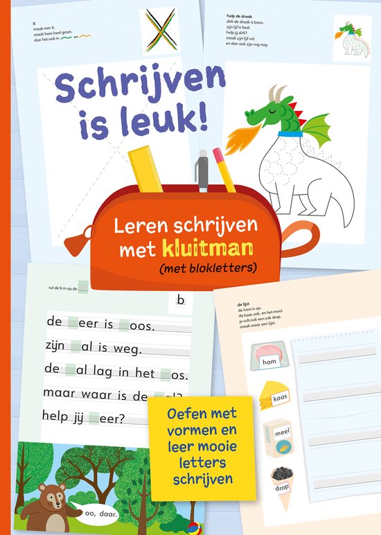 Oranje etui met "Leren schrijven met kluitman" opschrift, met potloden en een liniaal erin. Een groene draak wordt getekend met stippellijnen. Een berenfiguur staat bij bomen.