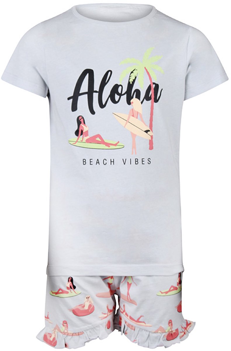 Een Super leuke meisje Shortama met een zonnige print Aloha. In de kleur licht grijs met pastelkleuren. Maat 146/152. Van het bekende merk PEBBLE STONE