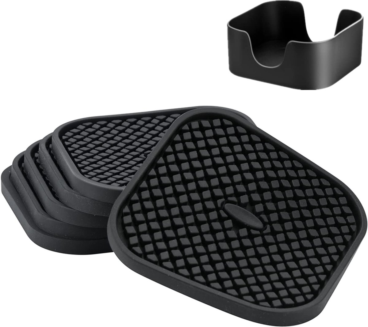 Ibenzoa® Set van 6 Siliconen Onderzetters met Houder, Absorberend, 100mm, Zwart