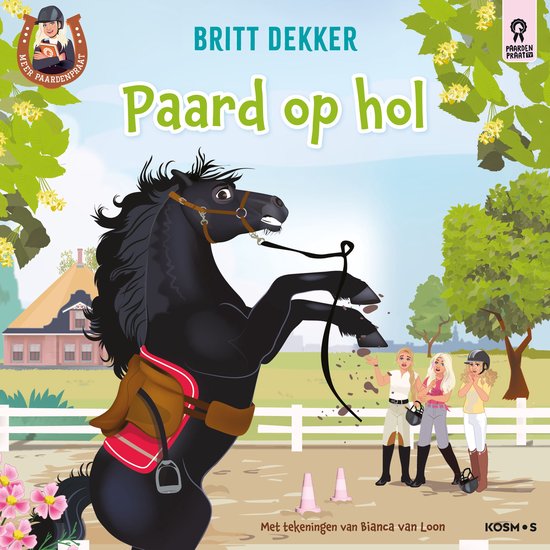 Boekomslag: Britt Dekker, "Paard op hol". Zwart paard in galop, met drie meisjes. "Meer paardenpraat".
