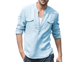 LVCBL Heren Katoen Linnen Shirt Herfst Winter Heren Overhemd Lange Mouwen Regular Fit Casual Shirt Hemelsblauw XXL