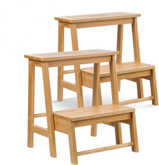 BUDDLEY - Inklapbaar Opstapje Bamboe (SET) - Opstapkrukje Hout - Kind - Opstapje - Toilet Kinderen - Opstapjes - Trapje - Krukje WC - Keuken - Kindertoilet - WC Opstapje - Keukentrapje - Leertoren - Keukentoren - Kindertrap