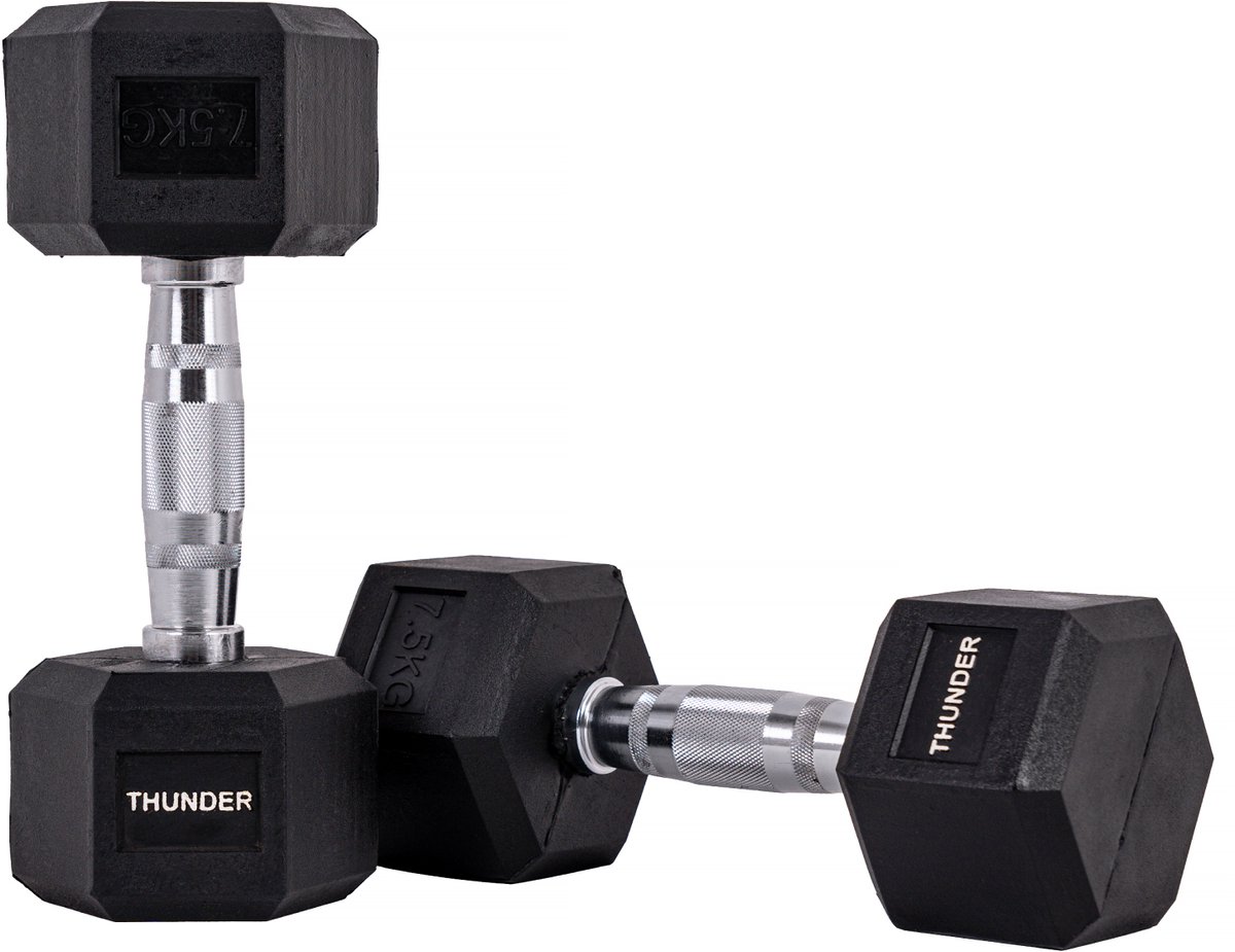 THUNDER® HEXAGONAL-DUMBBELLS-7,5KG Zwarte Rubberen Halter Stalen Kern Voor Krachttraining & Fitness Antislip Duurzaam & Professioneel Per Stuk - Stevige Grip