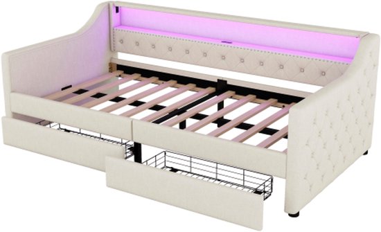 Fluweel Gestoffeerde Slaapbank 90x200cm - Met 2 Grote Lades En Lattenbodem Grijs 1