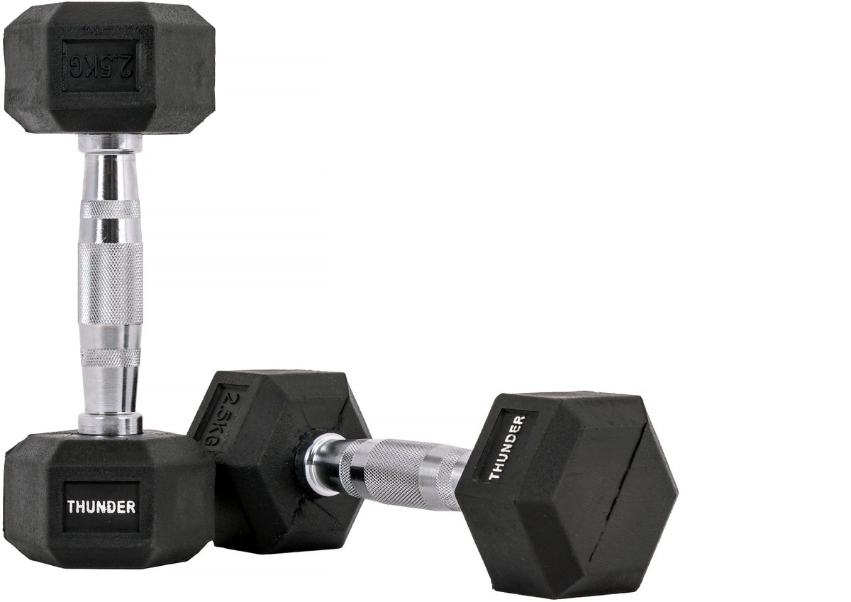 THUNDER® HEXAGONAL-DUMBBELLS-2,5KG Zwarte Rubberen Halter Stalen Kern Voor Krachttraining & Fitness Antislip Duurzaam & Professioneel Per Stuk - Stevige Grip