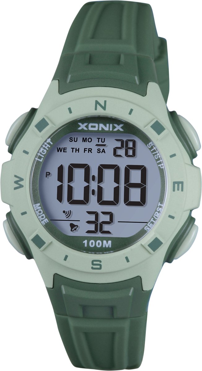 Xonix IB-A04 - Horloge - Polshorloge - Digitaal - Kinderen - Unisex - Rond - Siliconen band - ABS - Cijfers - Achtergrondverlichting - Datumaanduiding - Alarm - Start-Stop - 12-24u - Tweede tijdzone - Waterdicht - DonkerGroen - LichtGroen