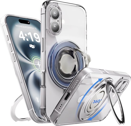 Hoesje geschikt voor iPhone 16 Case met 360 graden - Draaibare Telefoonstandaard – Transparant MagSafe Hoes Shockproof Grip Cover