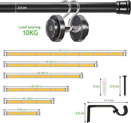 Industriële gordijnroede - zwart - uittrekbare - 80-266 cm - metalen Industriële gordijnroede - zwart - uittrekbare - 80-266 cm - metalen
