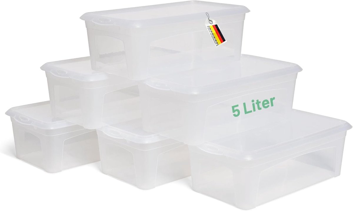 6x opbergdozen met deksel 5L transparante dozen stapelbaar nestbaar opbergdozen met clipsluiting kunststof BPA-vrij 34x19x11 cm