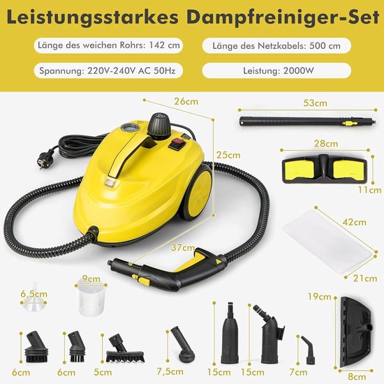 COSTWAY Stoomreiniger, 2000 W, reinigingsmachine 1,8 l watercapaciteit en 13 accessoires, vloerstomer voor tapijten, ramen, glas en gordijnen, geel van Merkloos	 — afbeelding 2