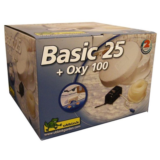 Doos van Ubbink Basic 25 + Oxy 100 met afbeelding van het product en twee goudvissen.