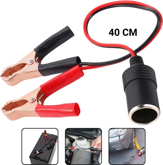 12V Clip-On Sigarettenaansteker Adapter – Accuterminal Stopcontact voor Auto, Caravan & Camping – Met Krokodillenklemmen – Ideaal voor Kerstverlichting & Accessoires