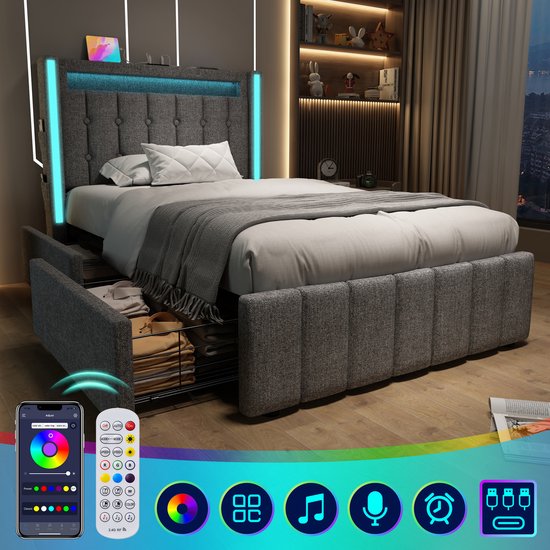 Lit à LED gris rembourré avec 2 grands tiroirs, télécommande et icônes pour les fonctions LED.